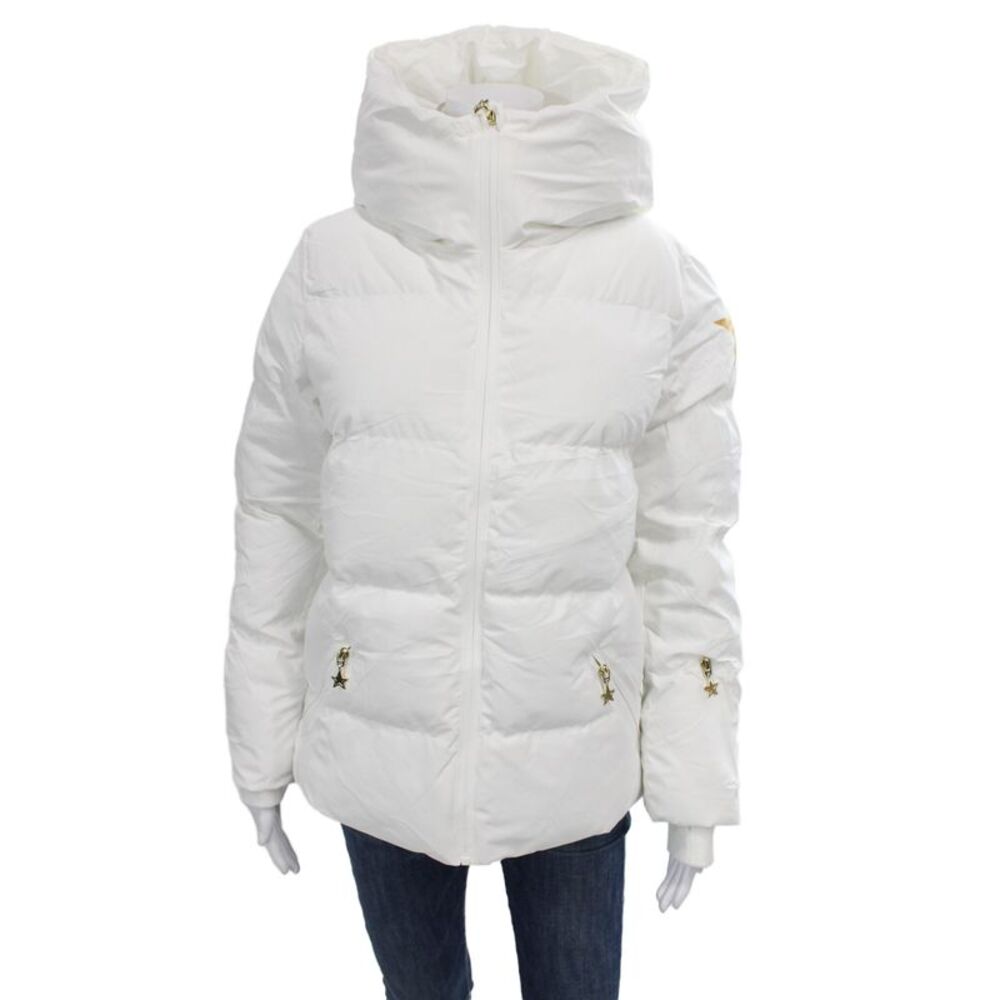 Designer Women Puffer Jacket White Zip Polyester Stars Long Sleeve Size M/L